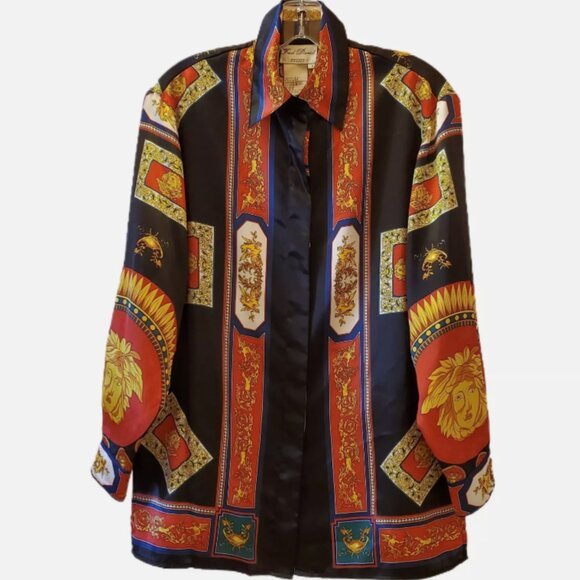 VINTAGE FRED DAVID GOLD MEDUSA MYTHOLOGY SCROLLS BLOUSE SZ 12 VERSACE - Picture 2 of 16